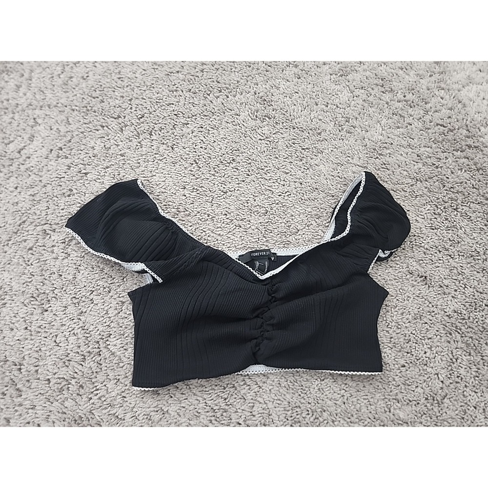 Forever 21 Crop Top Womens M‎ Black Sweetheart Bust Off the Shoulder White Trim